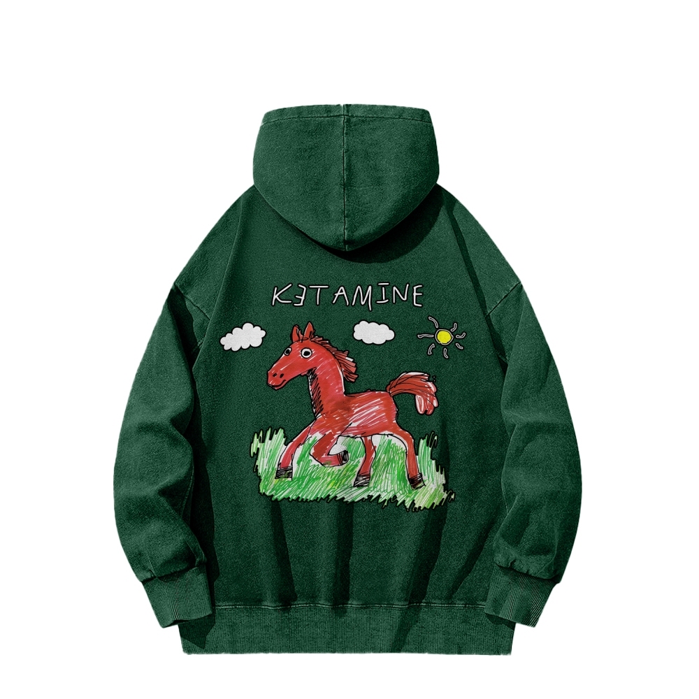 Ketamine Horse Funny Children's Drawings Front And Back Printing Vintage Washed Hoodie