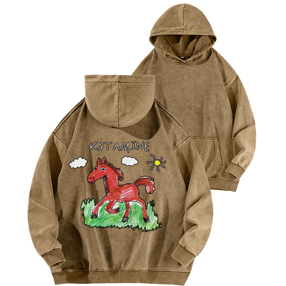 Ketamine Horse Funny Children's Drawings Front And Back Printing Vintage Washed Hoodie