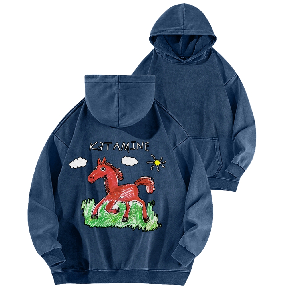 Ketamine Horse Funny Children's Drawings Front And Back Printing Vintage Washed Hoodie