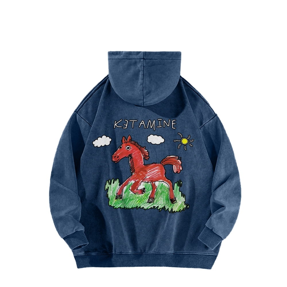 Ketamine Horse Funny Children's Drawings Front And Back Printing Vintage Washed Hoodie