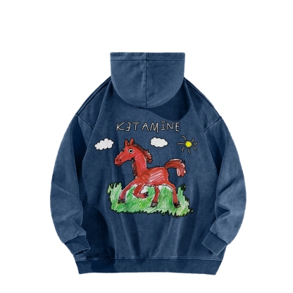 Ketamine Horse Funny Children's Drawings Front And Back Printing Vintage Washed Hoodie