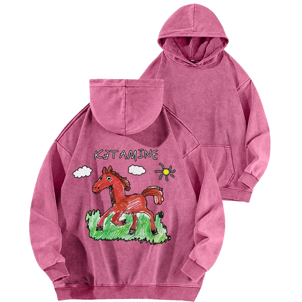 Ketamine Horse Funny Children's Drawings Front And Back Printing Vintage Washed Hoodie