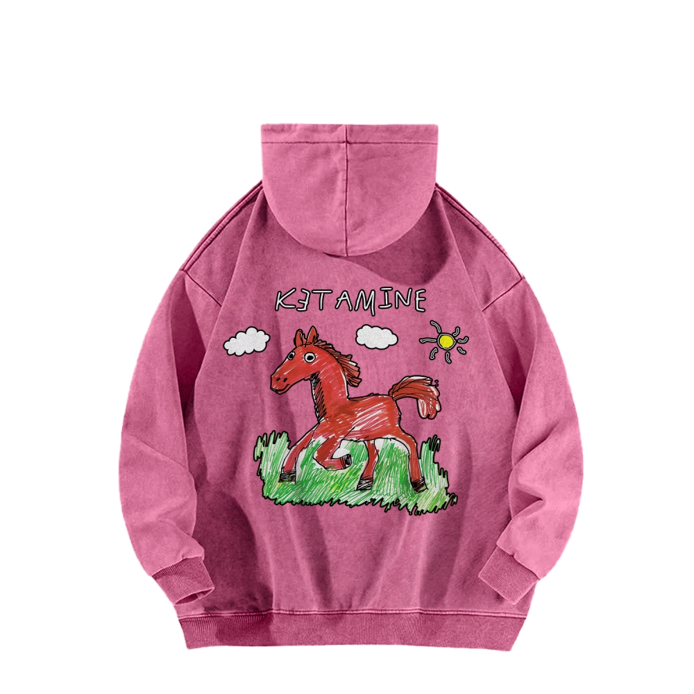 Ketamine Horse Funny Children's Drawings Front And Back Printing Vintage Washed Hoodie