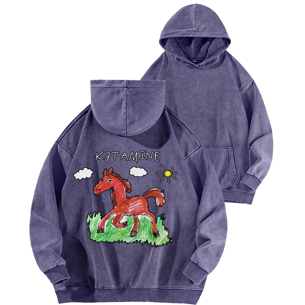 Ketamine Horse Funny Children's Drawings Front And Back Printing Vintage Washed Hoodie