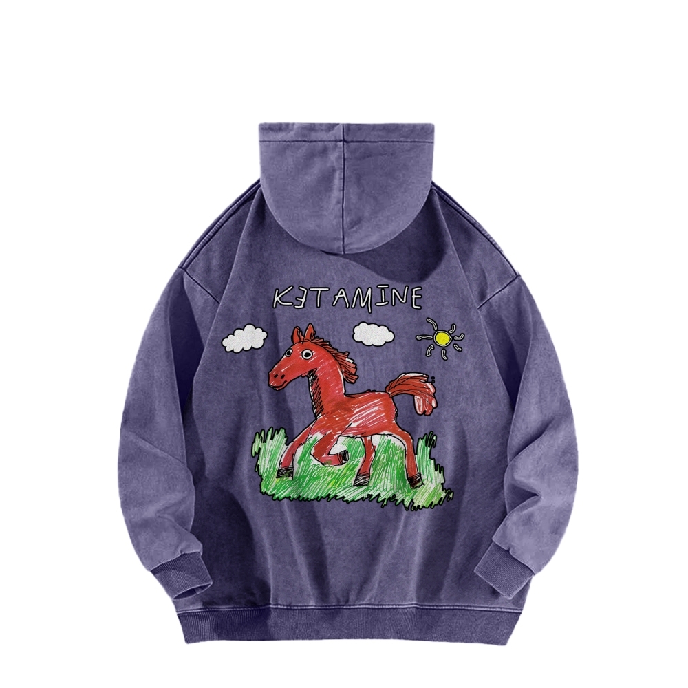 Ketamine Horse Funny Children's Drawings Front And Back Printing Vintage Washed Hoodie