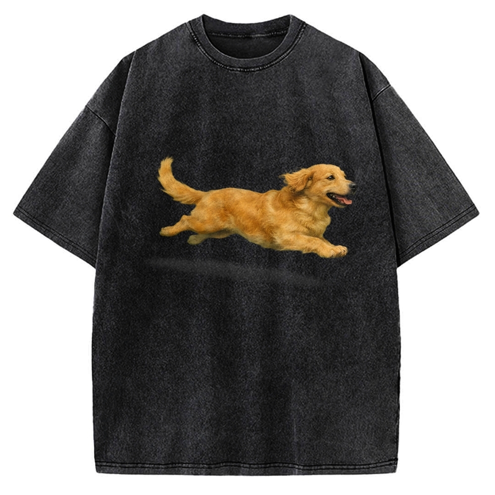 Running Dog Art Print Golden Retriever Vintage Washed T-shirt