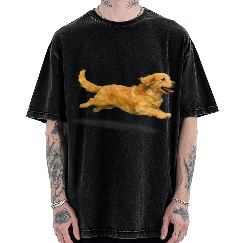 Running Dog Art Print Golden Retriever Vintage Washed T-shirt