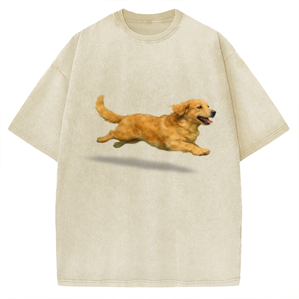 Running Dog Art Print Golden Retriever Vintage Washed T-shirt