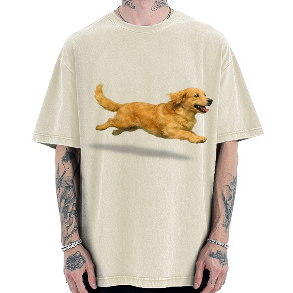 Running Dog Art Print Golden Retriever Vintage Washed T-shirt