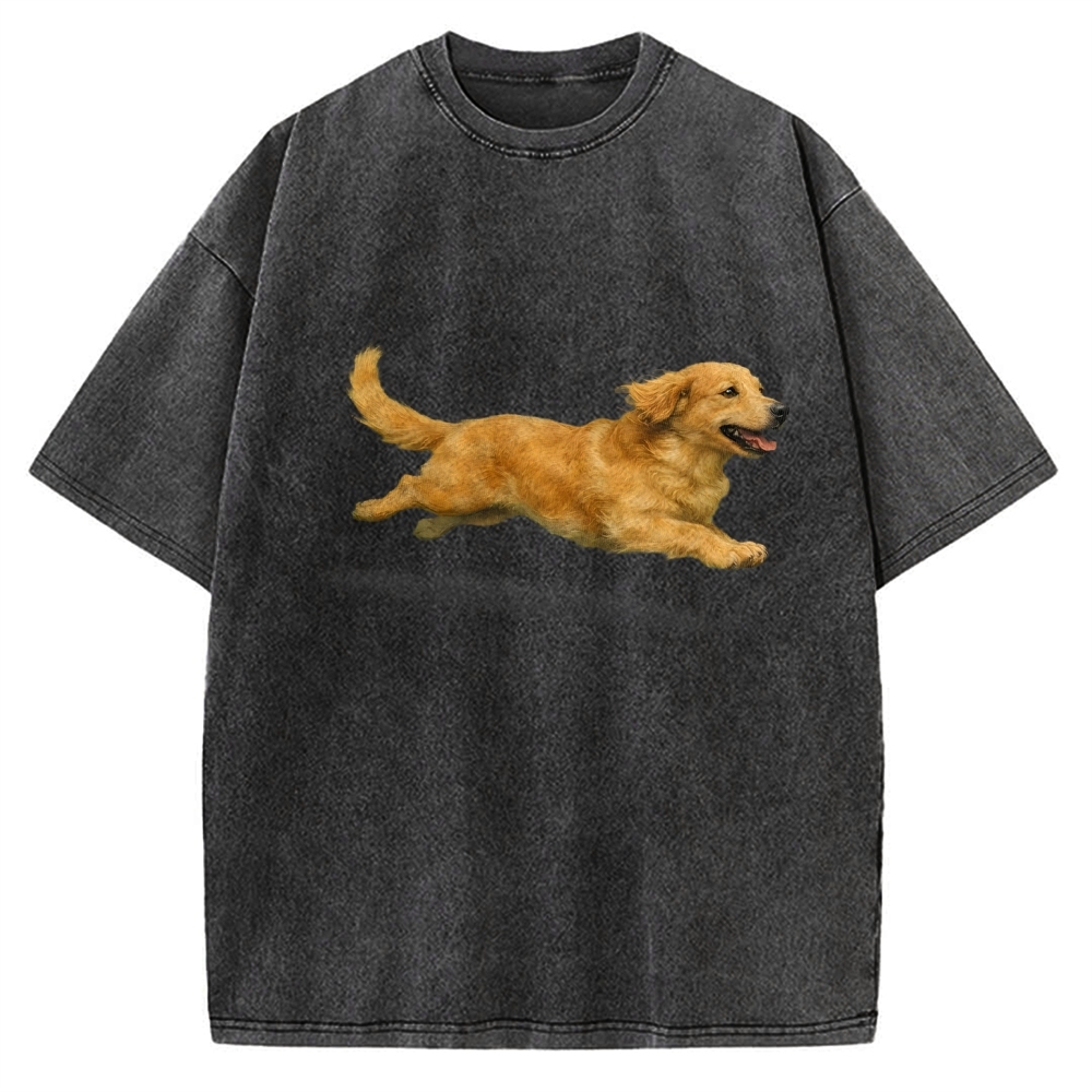 Running Dog Art Print Golden Retriever Vintage Washed T-shirt