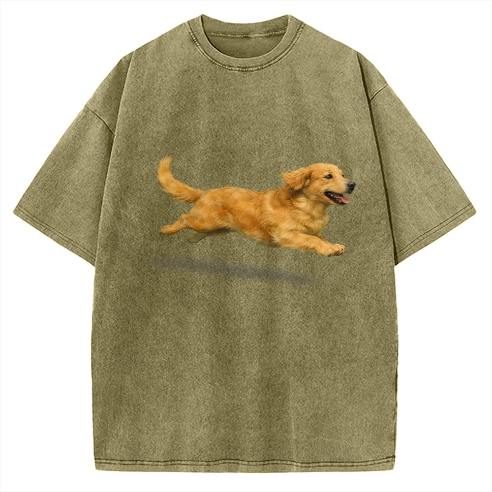 Running Dog Art Print Golden Retriever Vintage Washed T-shirt