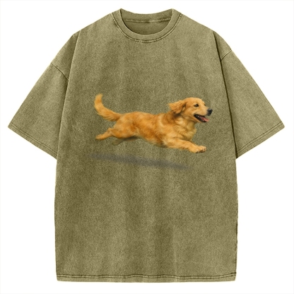 Running Dog Art Print Golden Retriever Vintage Washed T-shirt