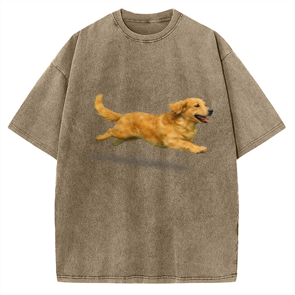 Running Dog Art Print Golden Retriever Vintage Washed T-shirt