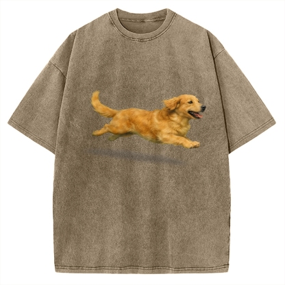 Running Dog Art Print Golden Retriever Vintage Washed T-shirt