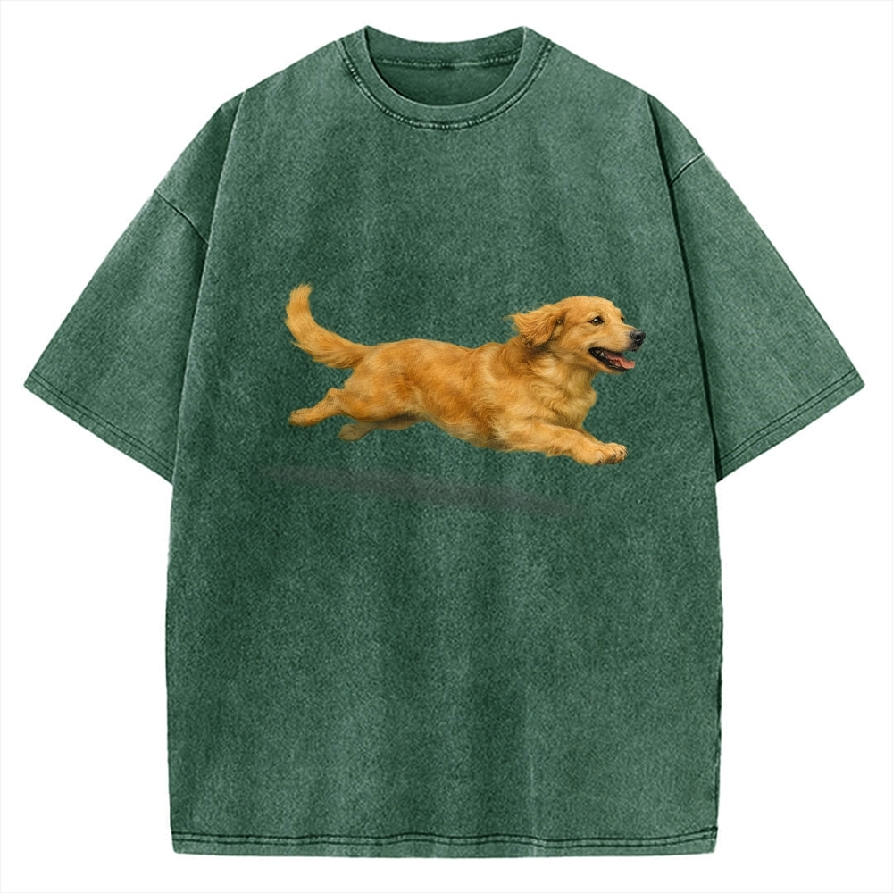 Running Dog Art Print Golden Retriever Vintage Washed T-shirt