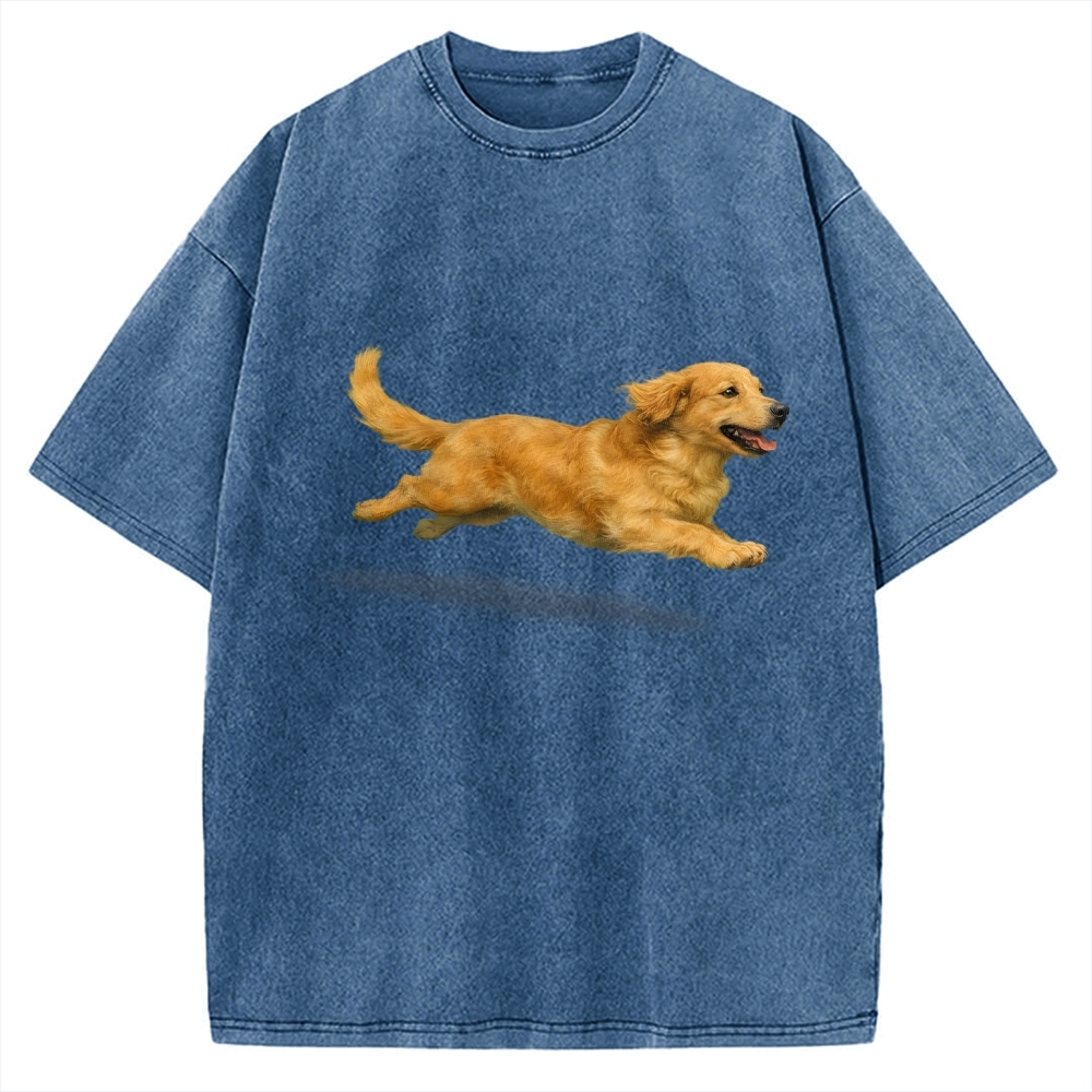 Running Dog Art Print Golden Retriever Vintage Washed T-shirt