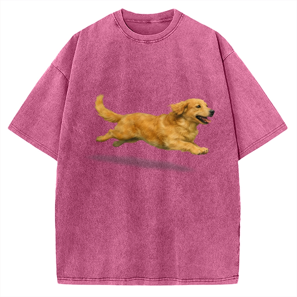 Running Dog Art Print Golden Retriever Vintage Washed T-shirt