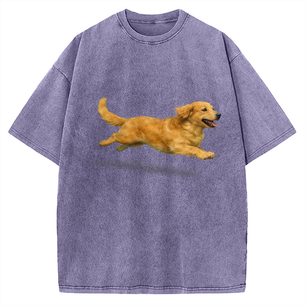 Running Dog Art Print Golden Retriever Vintage Washed T-shirt