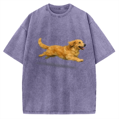 Running Dog Art Print Golden Retriever Vintage Washed T-shirt