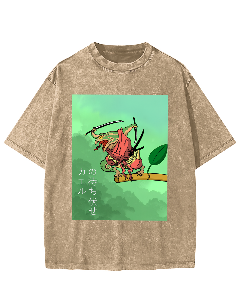 Frog Guardian Japanese Style Vintage Washed T-shirt-Zazasy