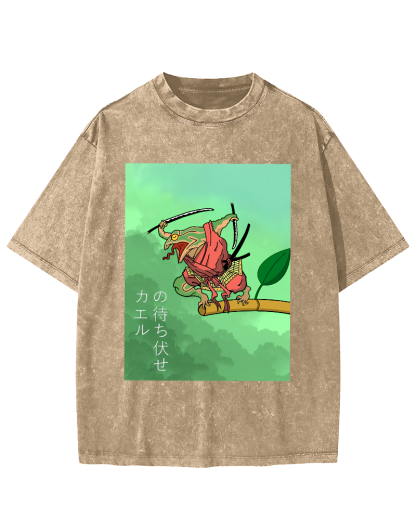 Frog Guardian Japanese Style Vintage Washed T-shirt-Zazasy