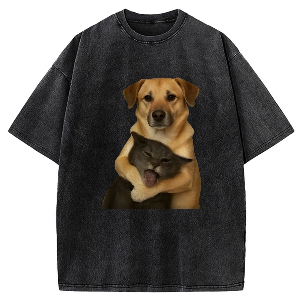 Funny Cute Fighting Dog And Cat Vintage Washed T-shirt