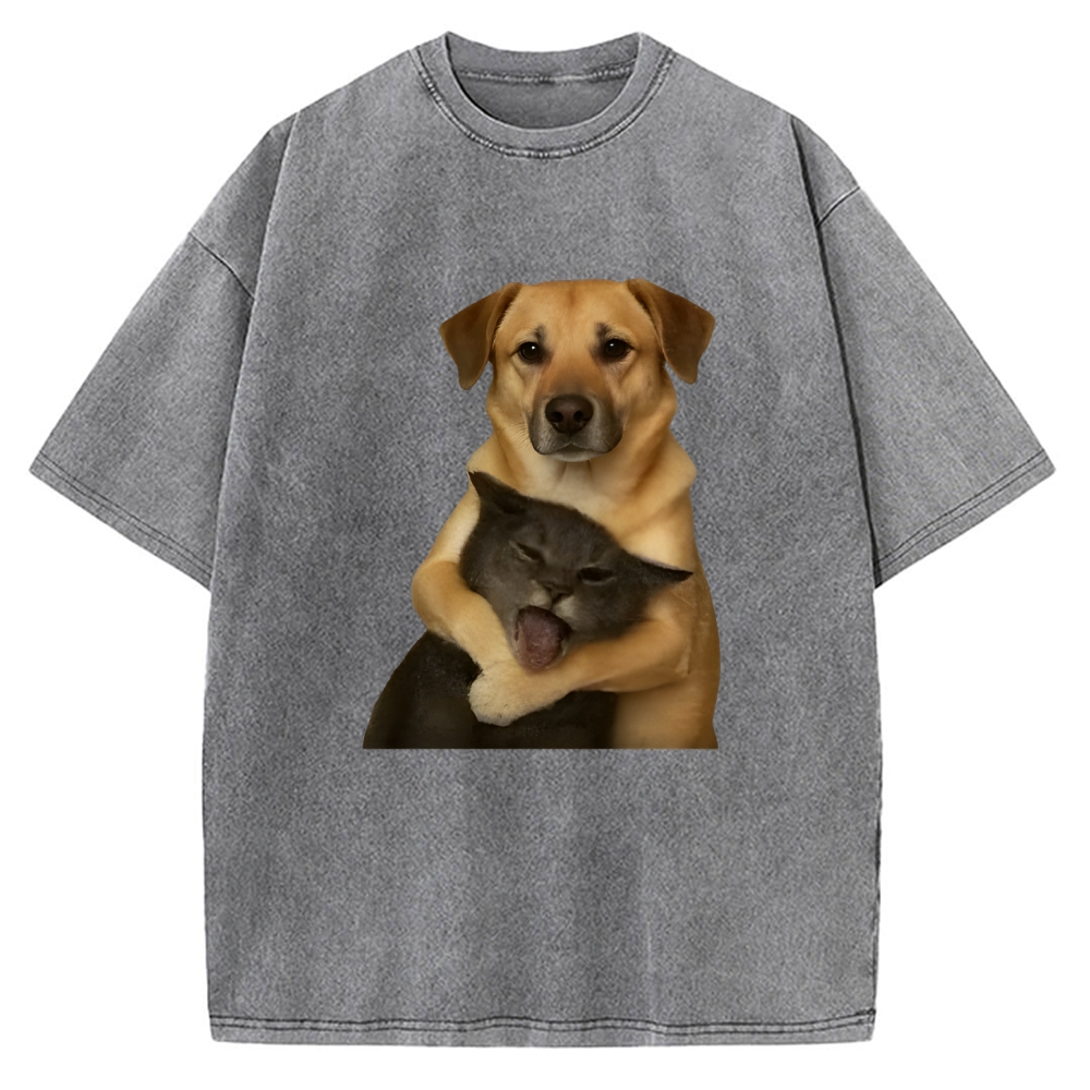 Funny Cute Fighting Dog And Cat Vintage Washed T-shirt