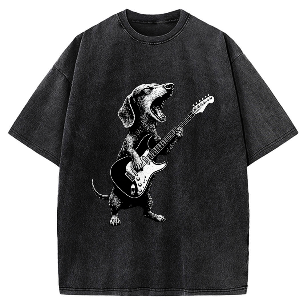 Vintage Dachshund Weenie Playing Guitar  Vintage Washed T-shirt