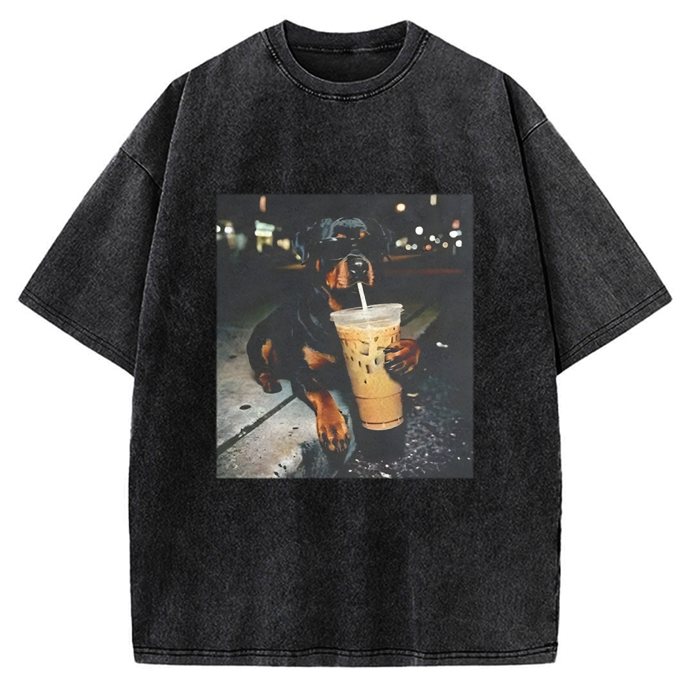 Rottweiler Drinking Iced Coffee Vintage Washed T-shirt