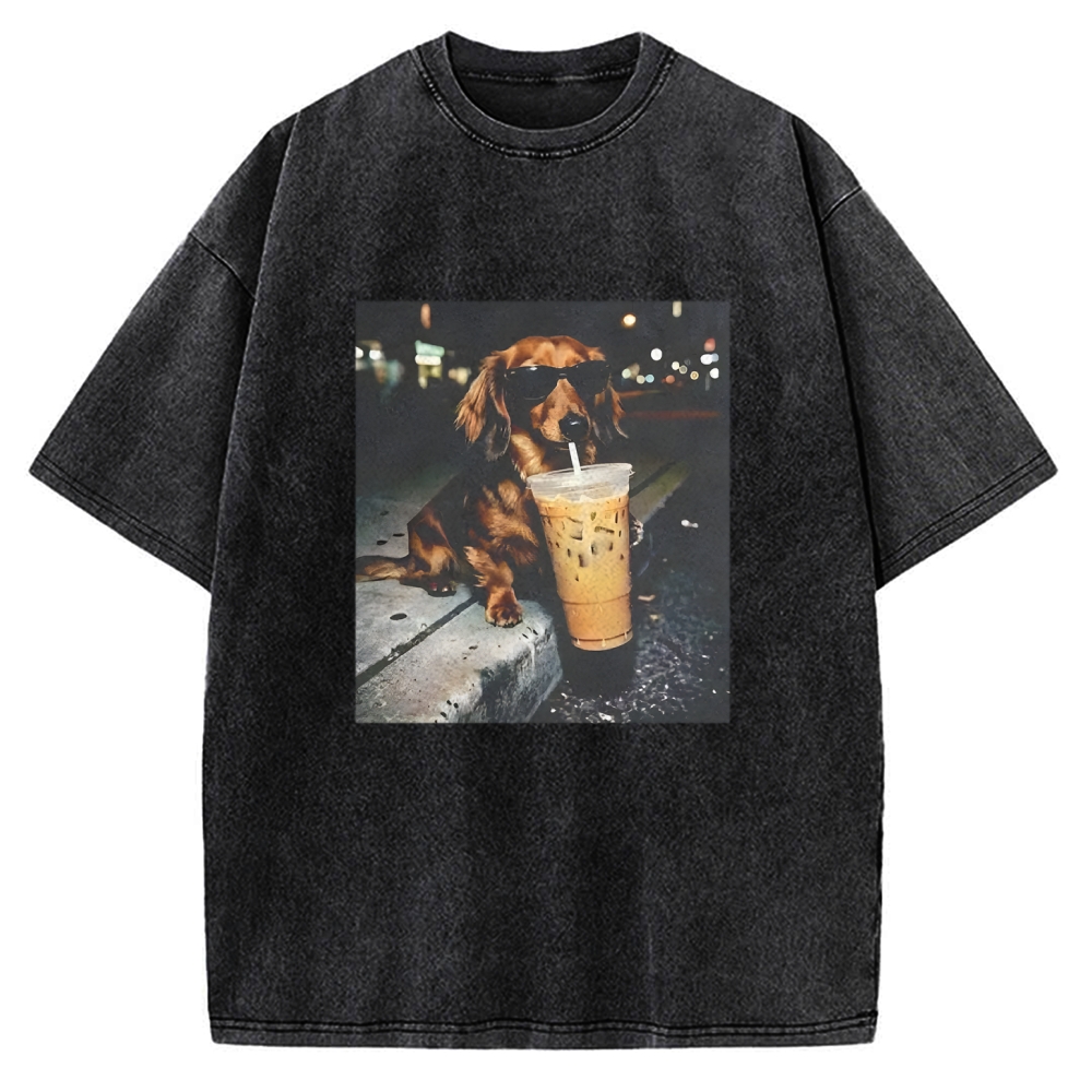Funny Dachshund Drinking Iced Coffee Vintage Washed T-shirt