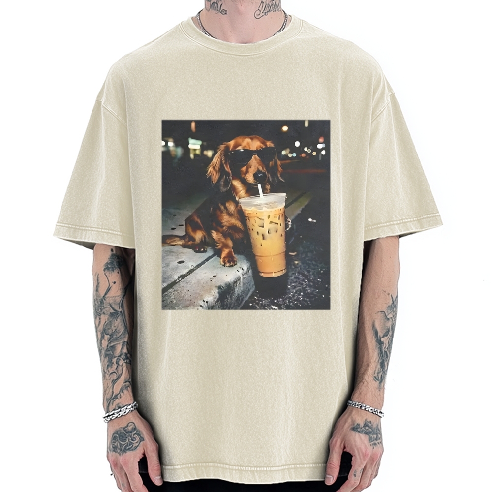 Funny Dachshund Drinking Iced Coffee Vintage Washed T-shirt