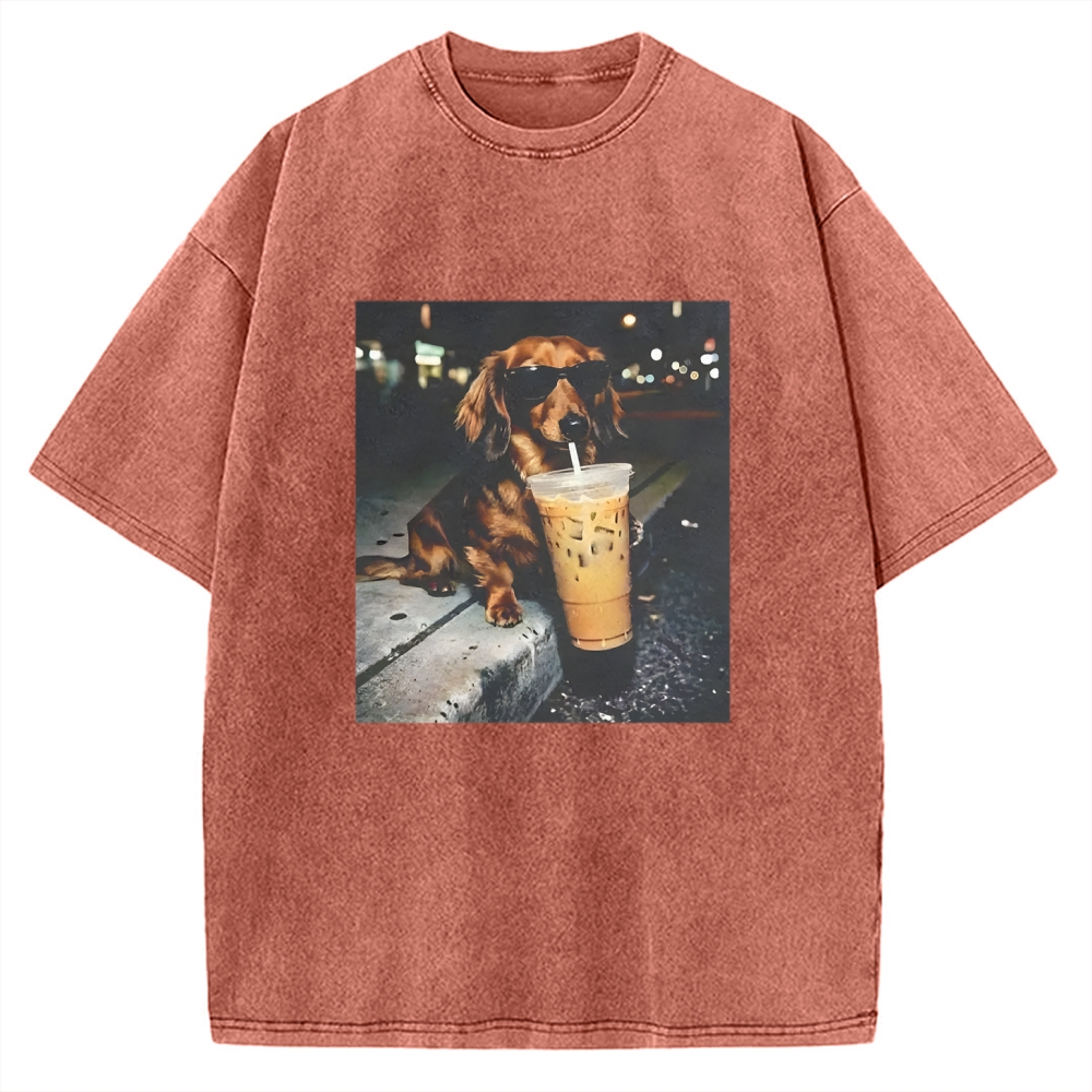 Funny Dachshund Drinking Iced Coffee Vintage Washed T-shirt