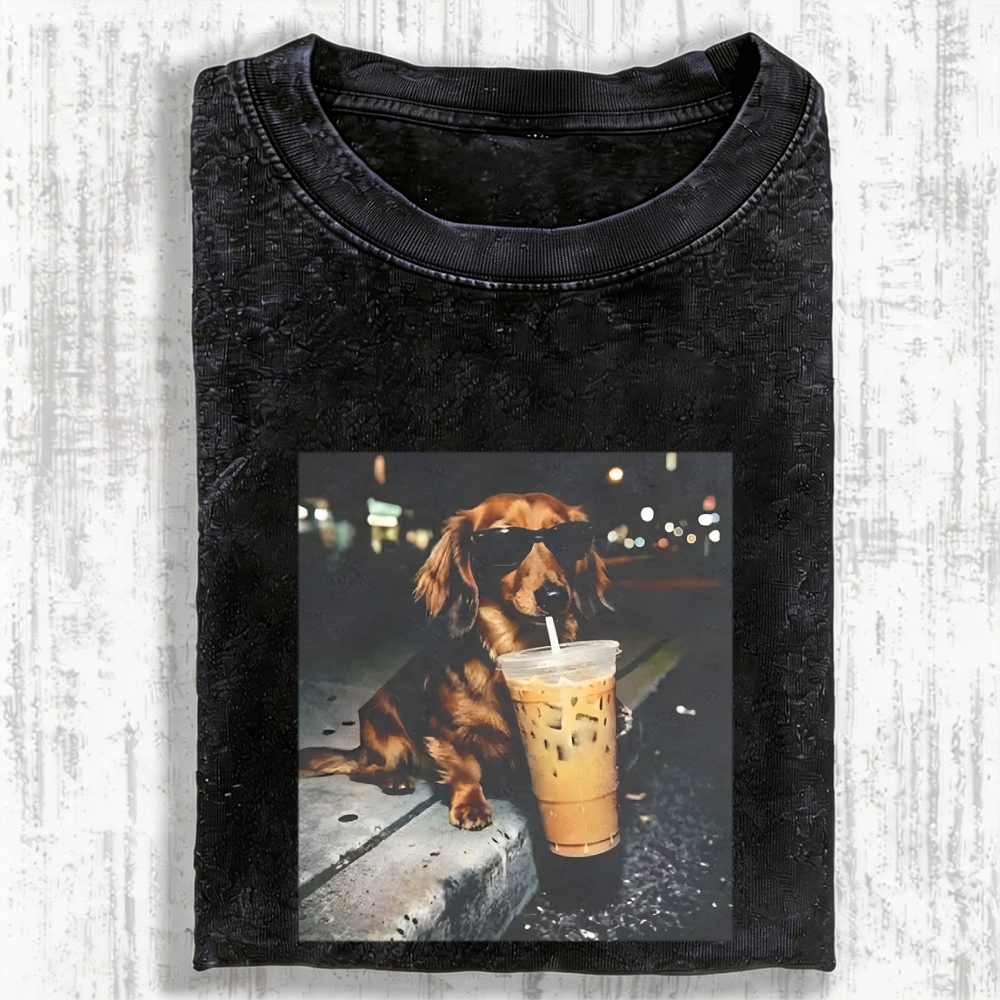 Funny Dachshund Drinking Iced Coffee Vintage Washed T-shirt