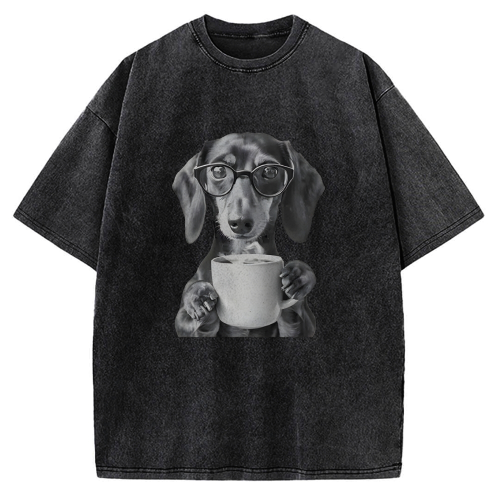 Dachshund Drinking Coffee Vintage Washed T-shirt