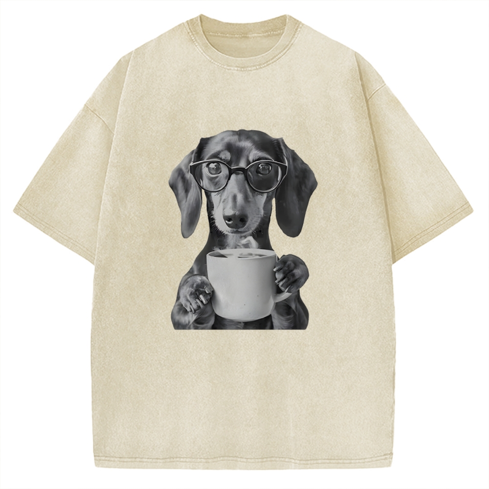 Dachshund Drinking Coffee Vintage Washed T-shirt