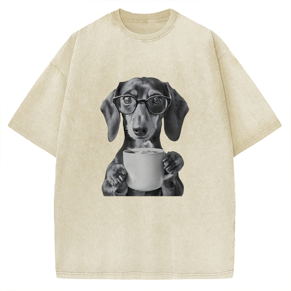 Dachshund Drinking Coffee Vintage Washed T-shirt