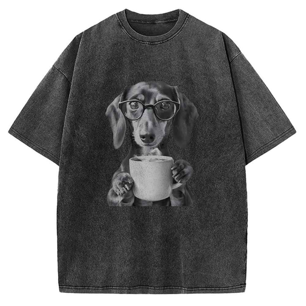 Dachshund Drinking Coffee Vintage Washed T-shirt