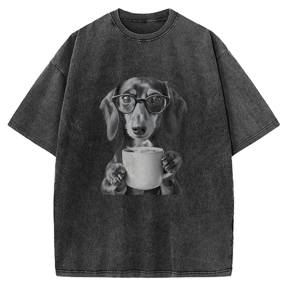 Dachshund Drinking Coffee Vintage Washed T-shirt
