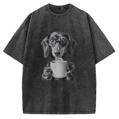 Dachshund Drinking Coffee Vintage Washed T-shirt