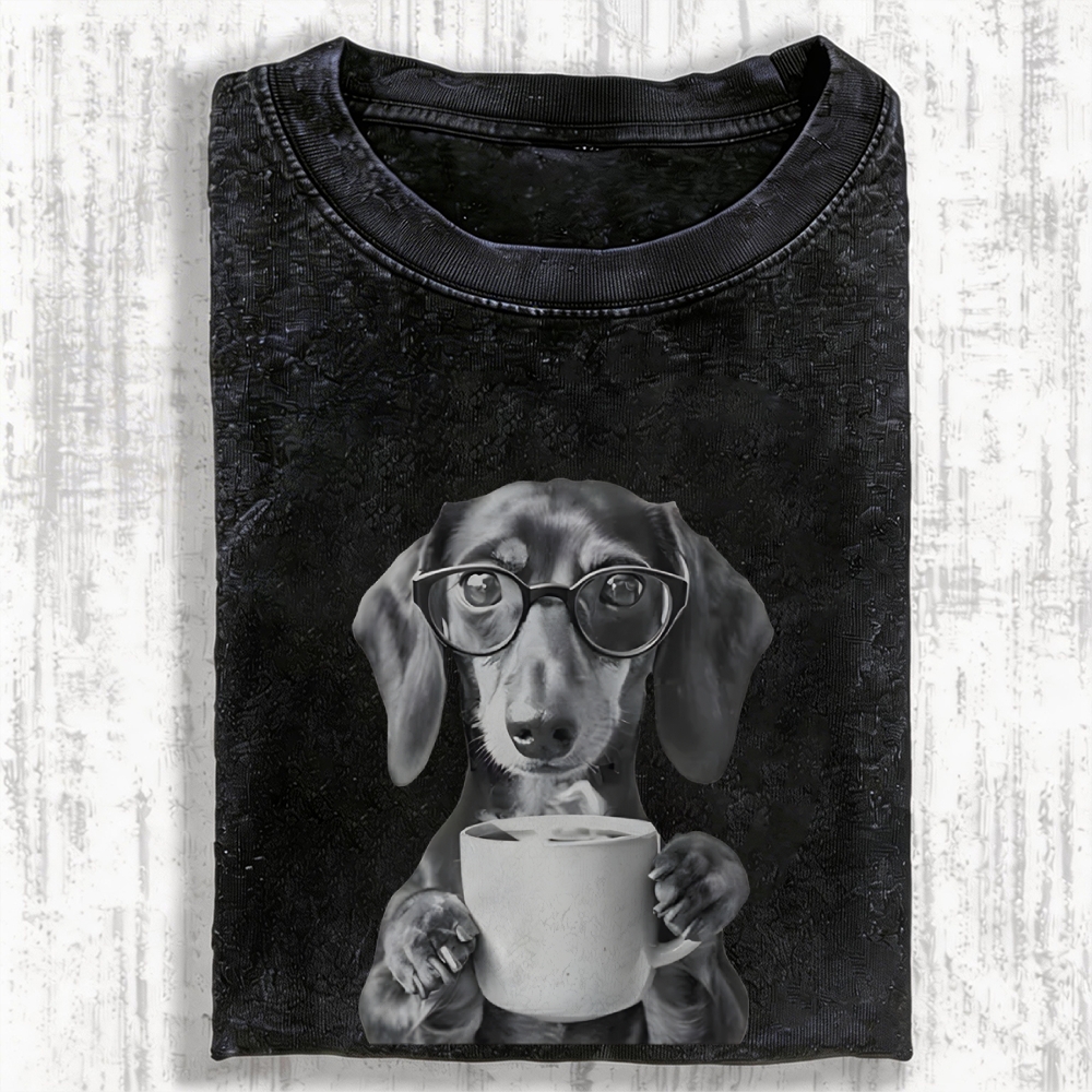 Dachshund Drinking Coffee Vintage Washed T-shirt