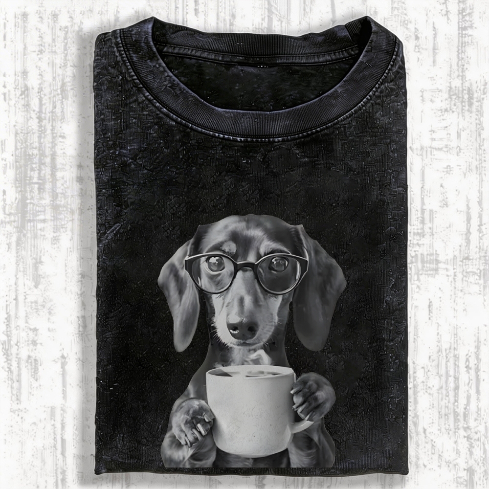 Dachshund Drinking Coffee Vintage Washed T-shirt