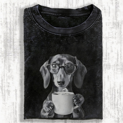 Dachshund Drinking Coffee Vintage Washed T-shirt
