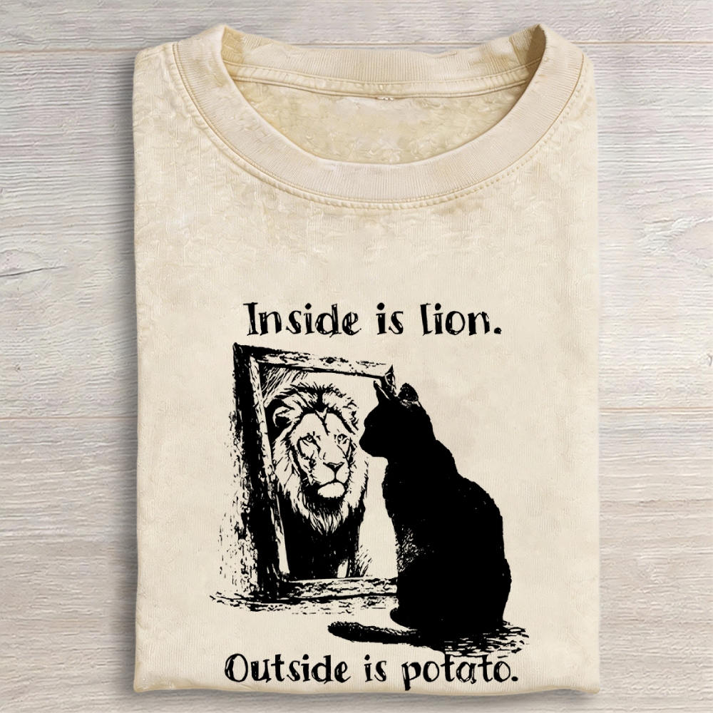 Cat Meme Inner Lion Outer Potato Vintage Washed T-shirt