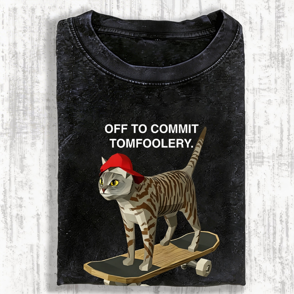 Skateboarding Cat Funny Meme Vintage Washed T-shirt