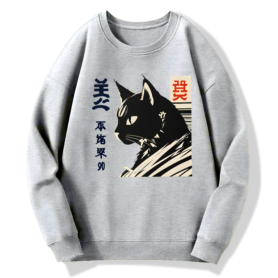 Japanese Black Cat Cotton Pullover Sweatshirt