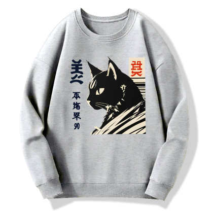 Japanese Black Cat Cotton Pullover Sweatshirt