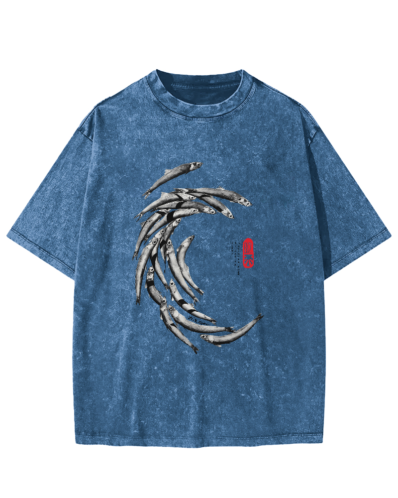 Japanese Fchool Of Fish Pattern Vintage Distressed T-shirt-Zazasy