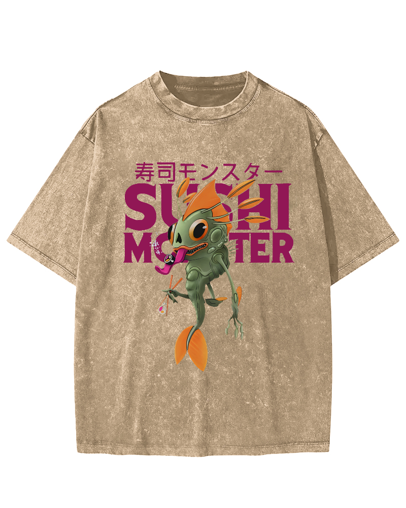Monster Sushi Vintage Washed T-shirt-Zazasy