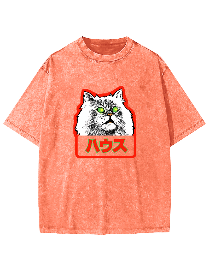 Residential White Cat Japanese Washed T-Shirt-Zazasy