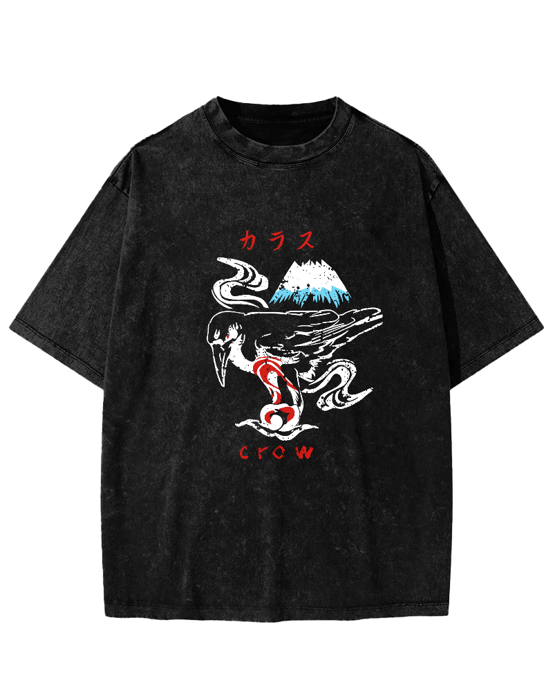 Retro Crow Pattern Vintage Distressed T-shirt-Zazasy